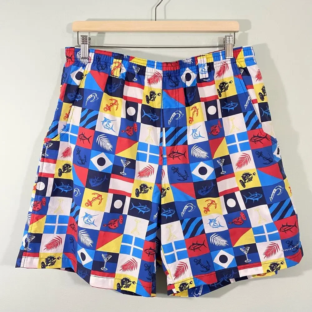 Columbia Men's PFG Nautical Fishing Checkered Swim Trunks Size L
